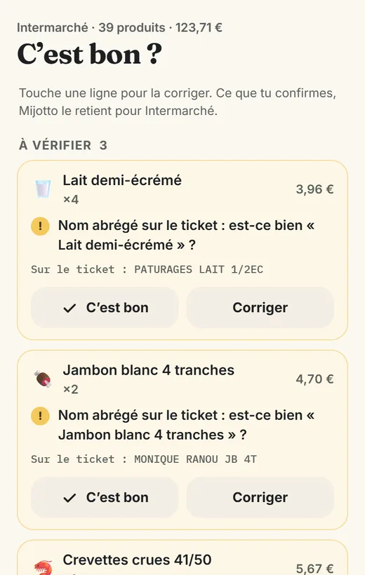 Écran de l'application Mijotto après la lecture d'un ticket : le titre « C'est bon ? », trois lignes à vérifier avec le nom lu et le texte imprimé sur le ticket, et les boutons « C'est bon » et « Corriger ».